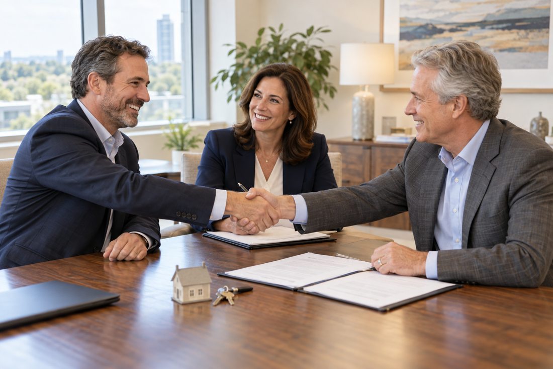 Illustrative scene of people completing a real estate closing